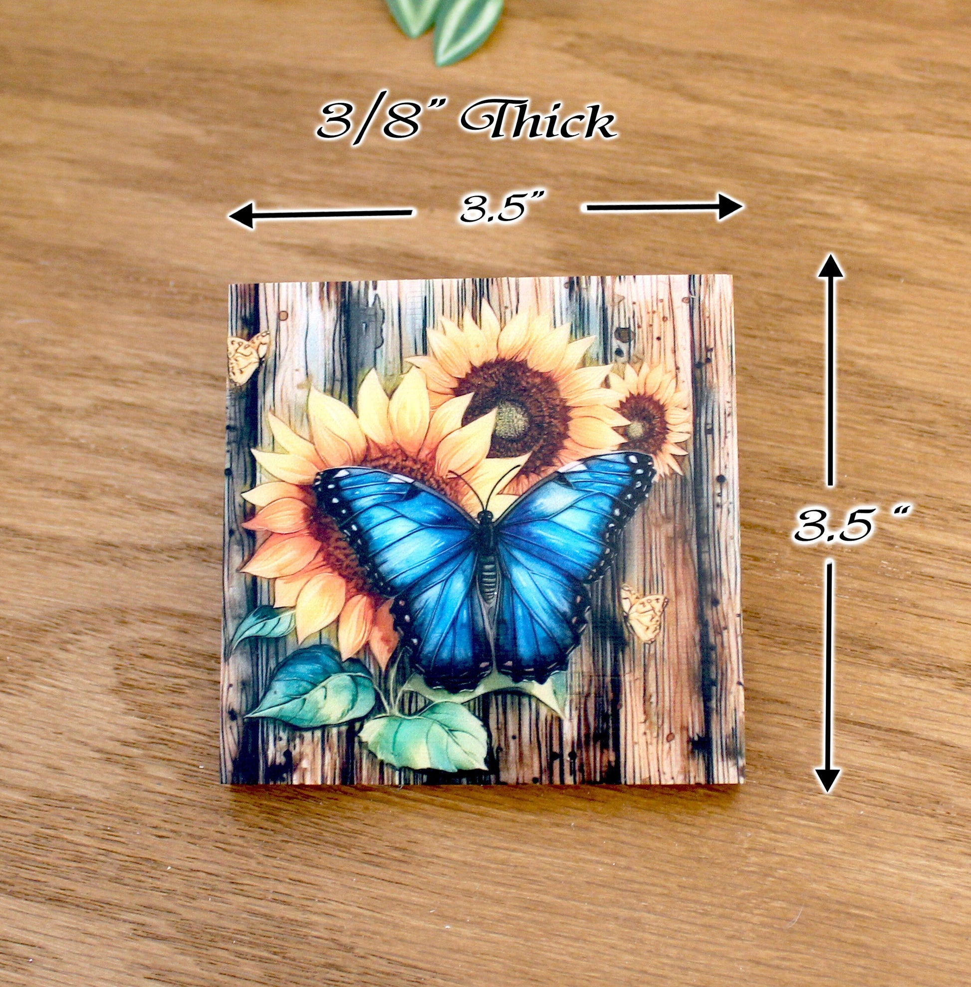 Personalized rustic wood coaster set of 4 with caddy, modern farmhouse table coasters, custom butterfly & sunflower lover gift, bamboo wood