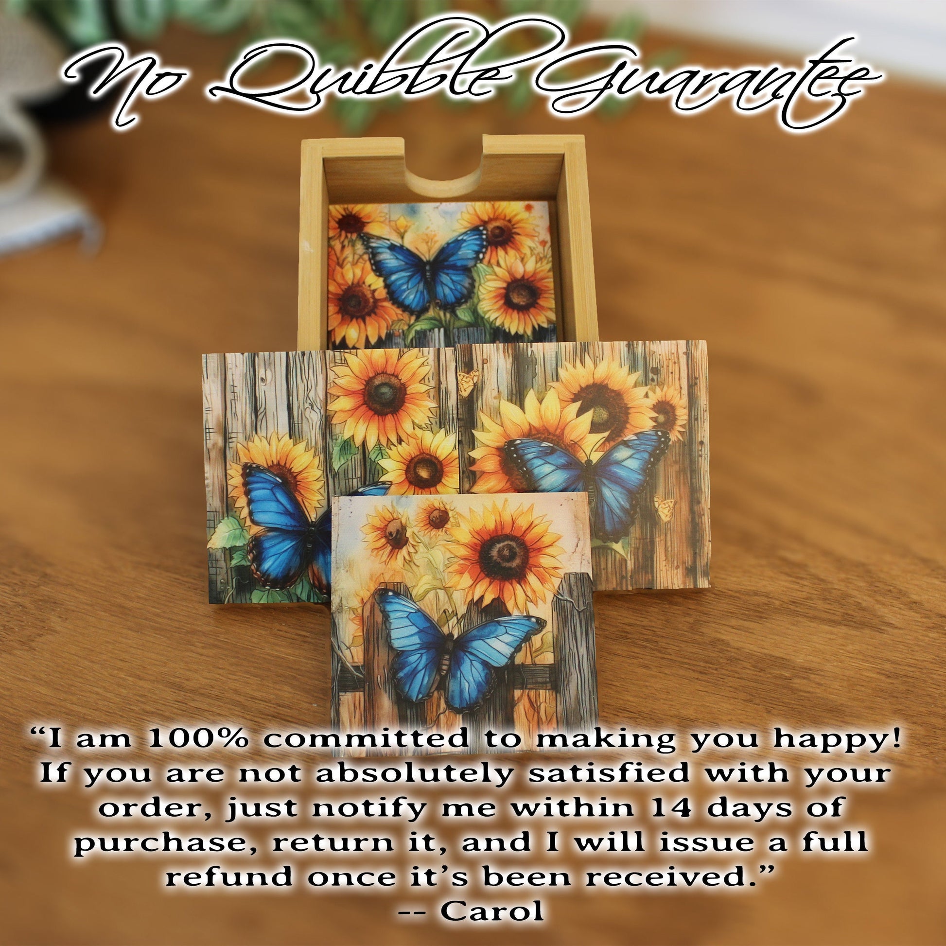 Personalized rustic wood coaster set of 4 with caddy, modern farmhouse table coasters, custom butterfly & sunflower lover gift, bamboo wood