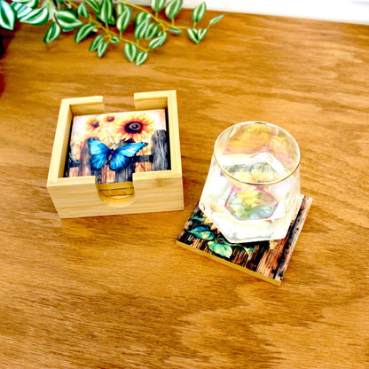 Personalized rustic wood coaster set of 4 with caddy, modern farmhouse table coasters, custom butterfly & sunflower lover gift, bamboo wood