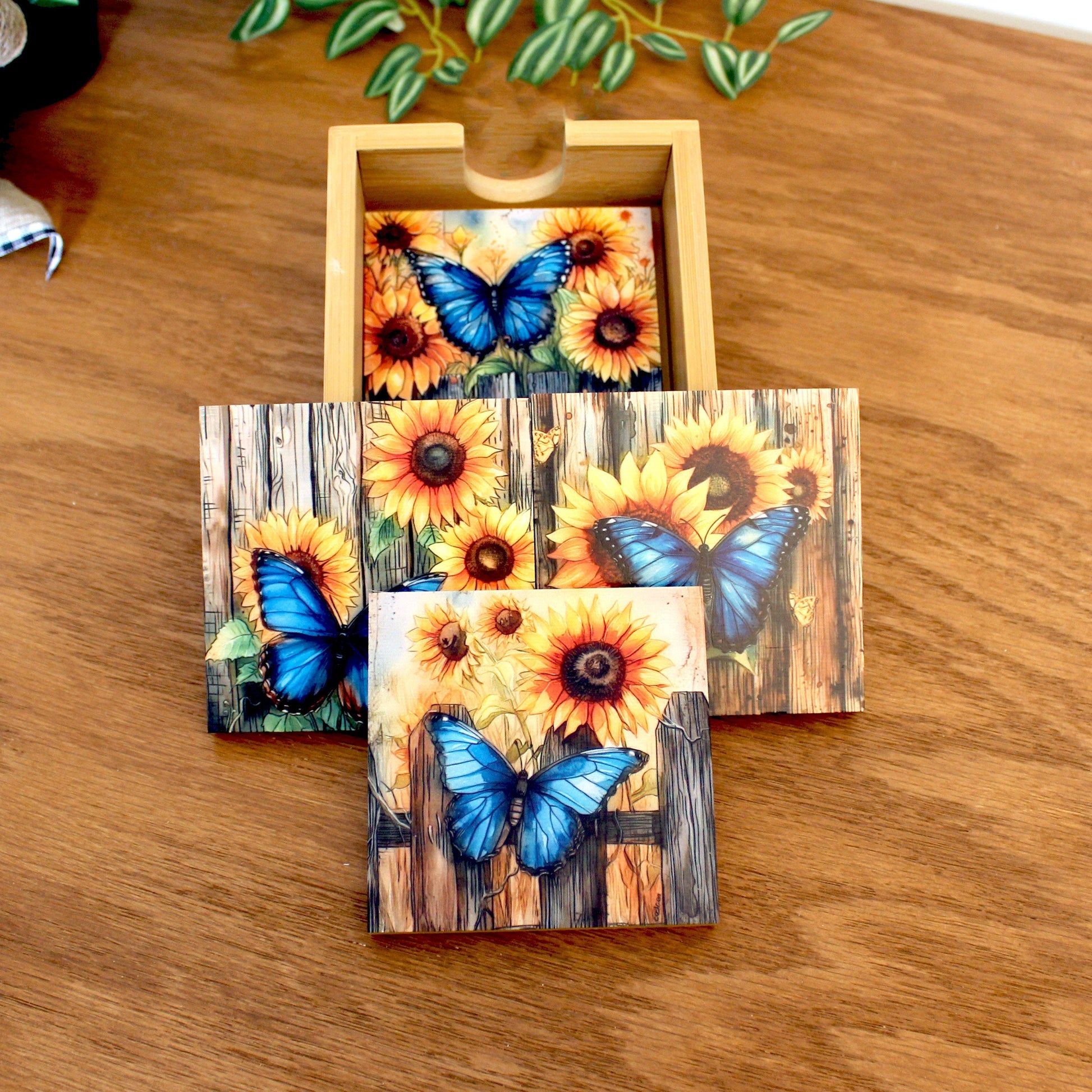 Personalized rustic wood coaster set of 4 with caddy, modern farmhouse table coasters, custom butterfly & sunflower lover gift, bamboo wood