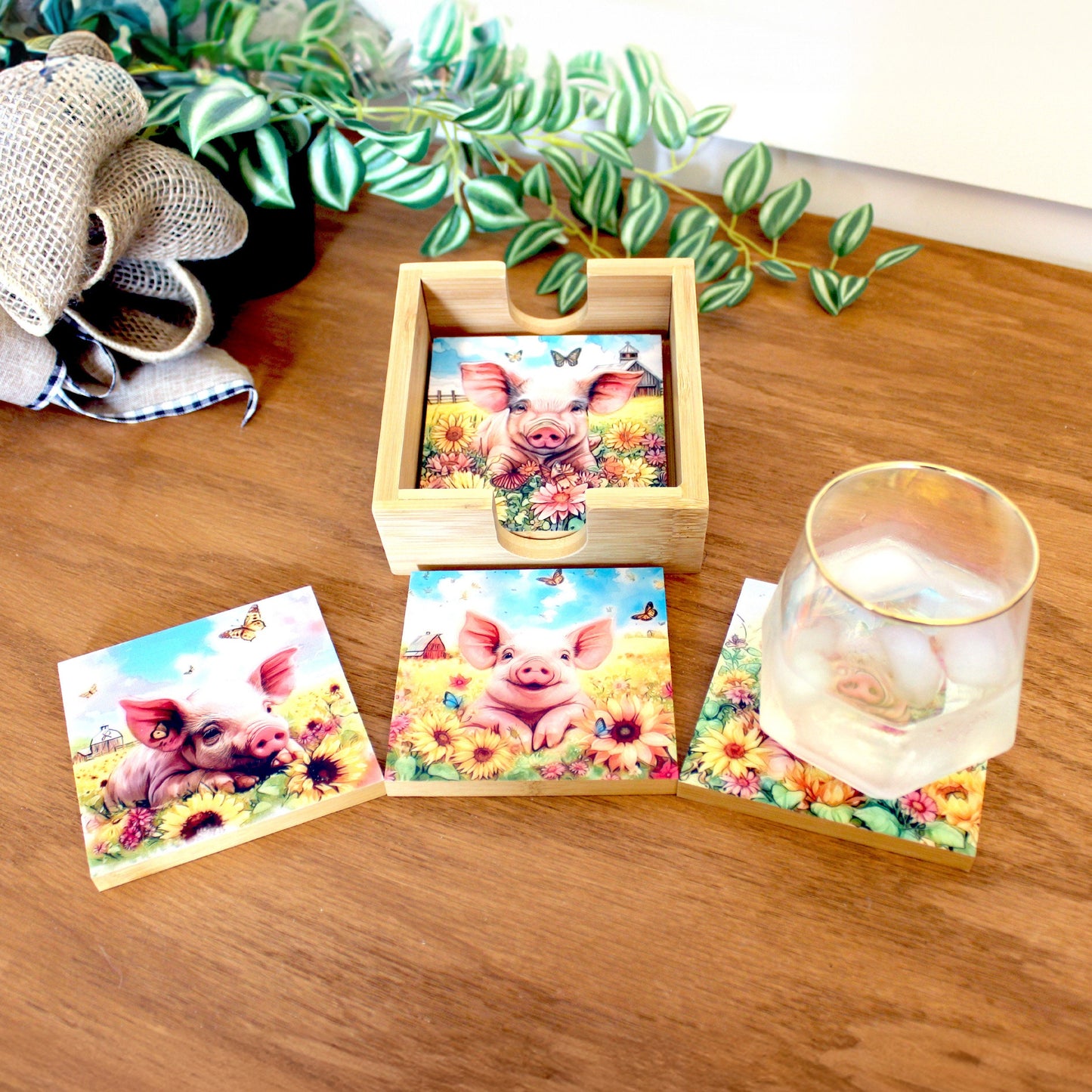 Personalized Coaster Set of 4, Cute Pig Lover Gift, Decorative Rustic Bamboo Table Protector, Charming Modern Farmhouse Decor,