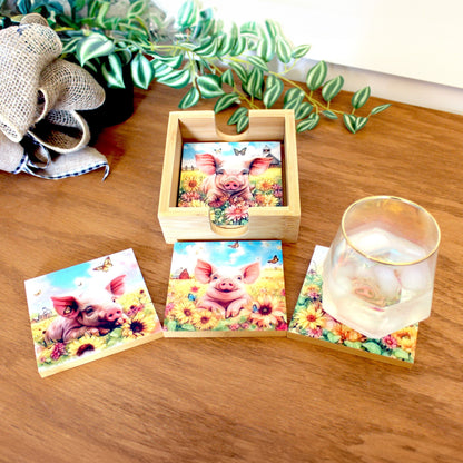 Personalized Coaster Set of 4, Cute Pig Lover Gift, Decorative Rustic Bamboo Table Protector, Charming Modern Farmhouse Decor,