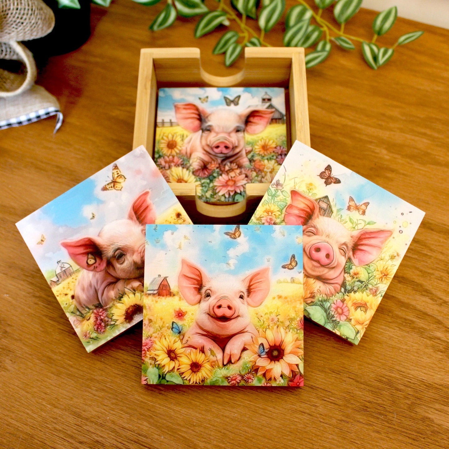Personalized Coaster Set of 4, Cute Pig Lover Gift, Decorative Rustic Bamboo Table Protector, Charming Modern Farmhouse Decor,