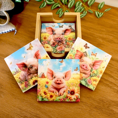 Personalized Coaster Set of 4, Cute Pig Lover Gift, Decorative Rustic Bamboo Table Protector, Charming Modern Farmhouse Decor,