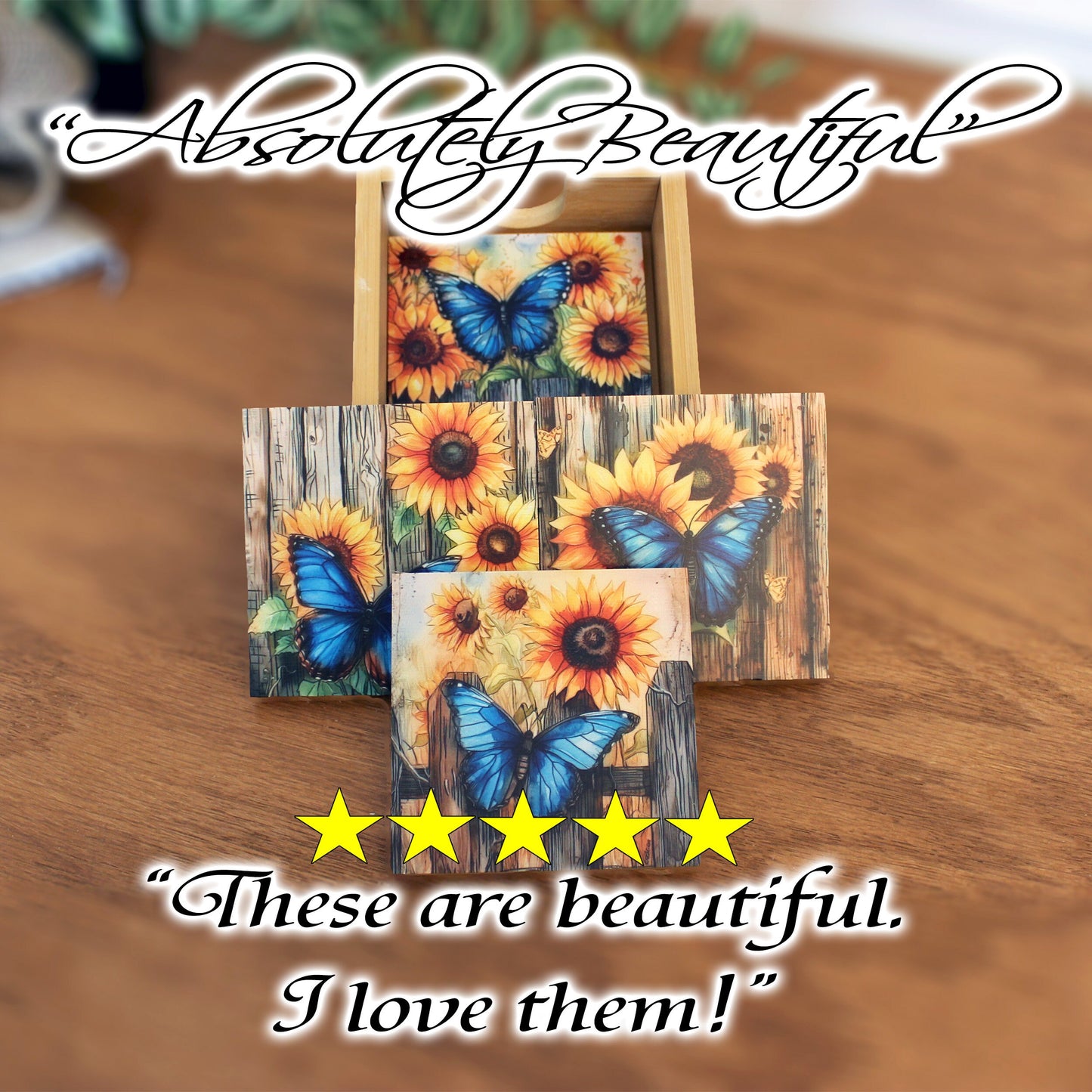 Personalized rustic wood coaster set of 4 with caddy, modern farmhouse table coasters, custom butterfly & sunflower lover gift, bamboo wood