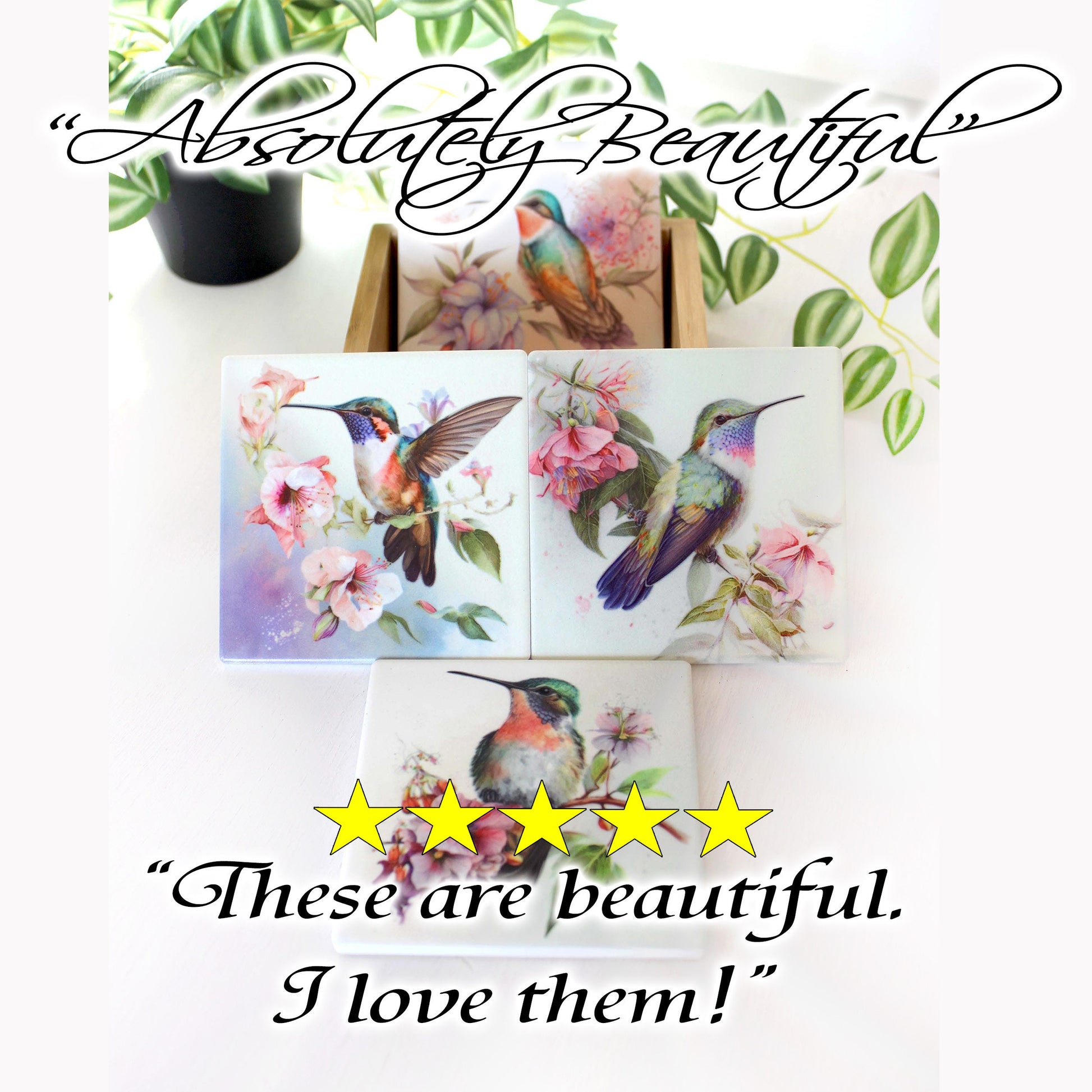 Unique Hummingbird Designs Decorate these Bamboo Drinkware/Beverage Coasters, great Gift for Hummingbird Lover and Mother's Day