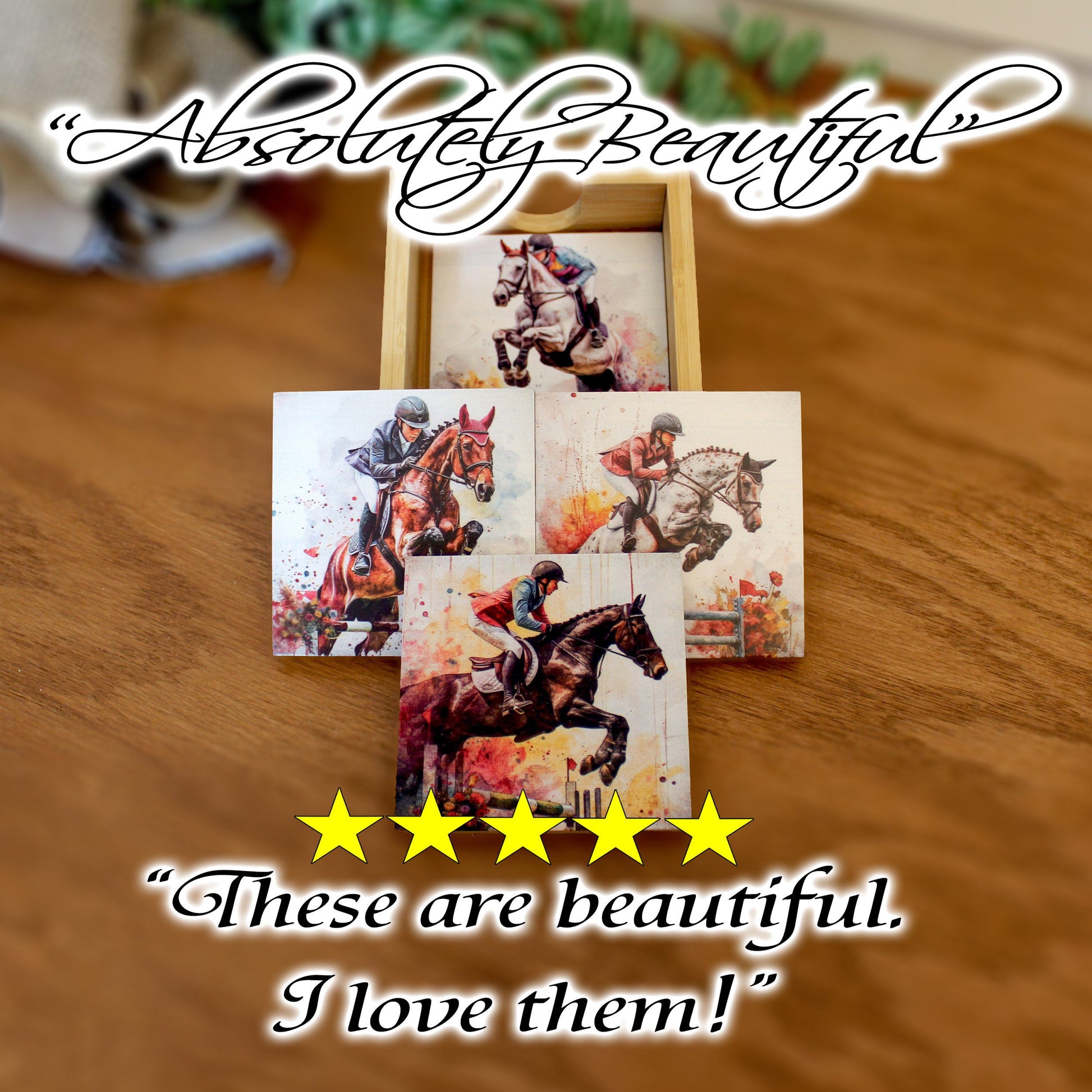 Personalized Equestrian Coaster Set of 4, Custom Horse Jumping Art Print, Steeplechase Gift, Horseback Riding Print, Tabletop Decoration