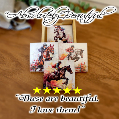 Personalized Equestrian Coaster Set of 4, Custom Horse Jumping Art Print, Steeplechase Gift, Horseback Riding Print, Tabletop Decoration
