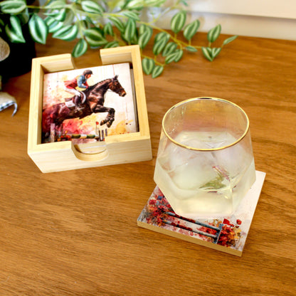 Personalized Equestrian Coaster Set of 4, Custom Horse Jumping Art Print, Steeplechase Gift, Horseback Riding Print, Tabletop Decoration