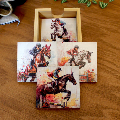Personalized Equestrian Coaster Set of 4, Custom Horse Jumping Art Print, Steeplechase Gift, Horseback Riding Print, Tabletop Decoration