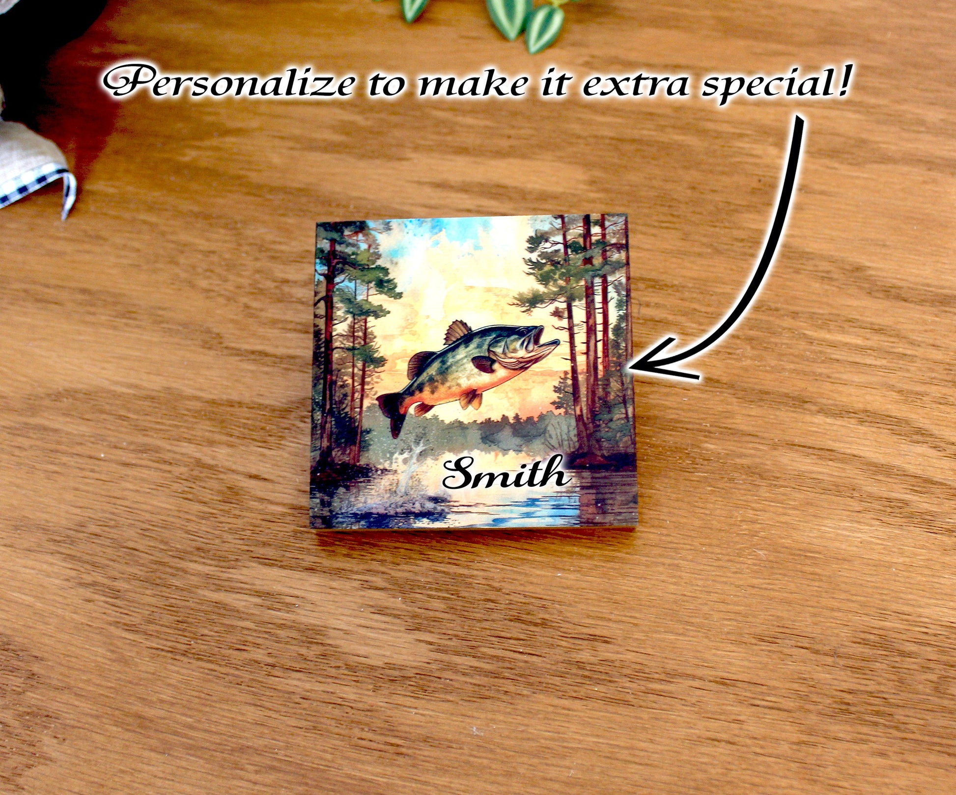 Personalized rustic wooden bass fishing drink coaster set of 4, modern farmhouse, fishing lovers gift, caddy included, decorative table