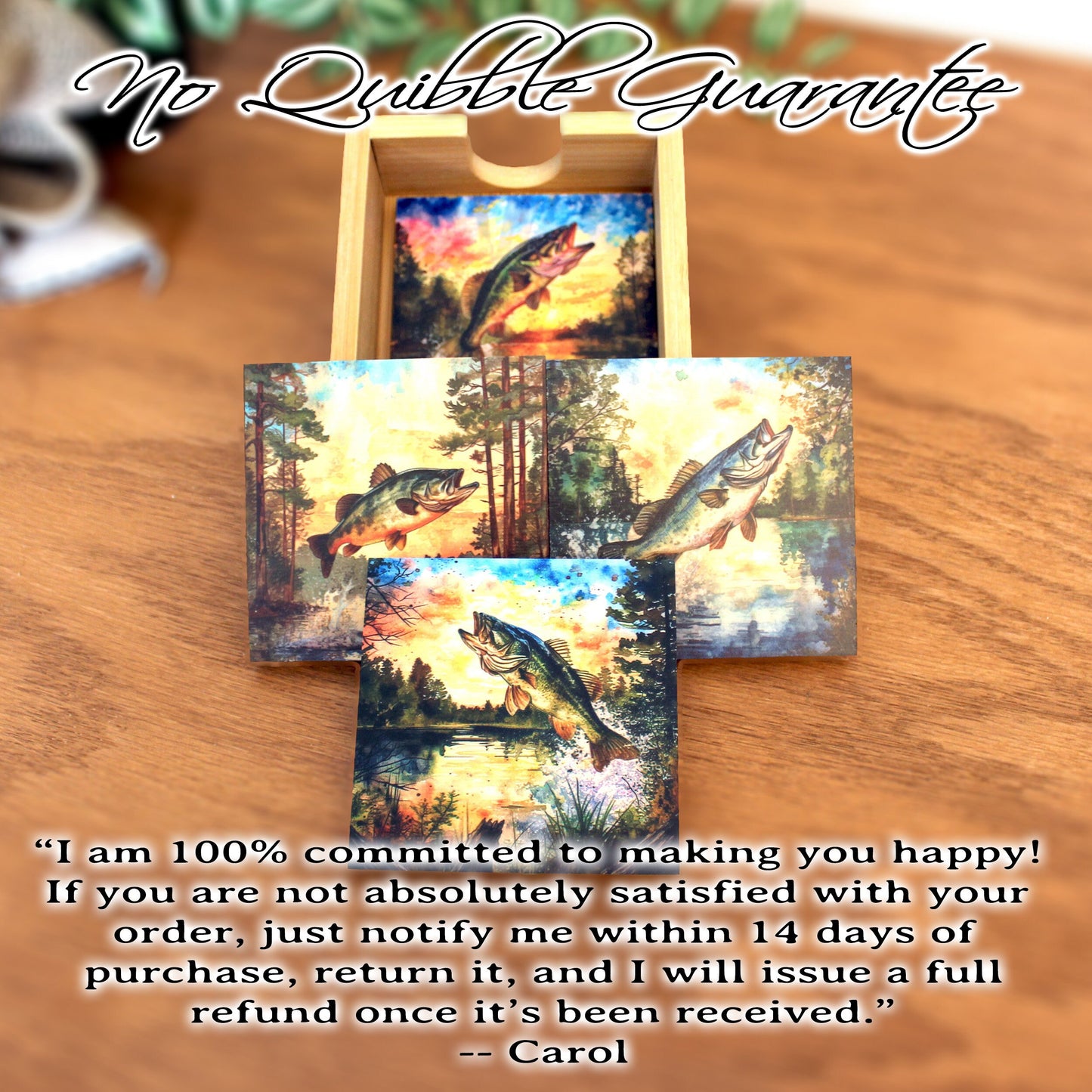 Personalized rustic wooden bass fishing drink coaster set of 4, modern farmhouse, fishing lovers gift, caddy included, decorative table