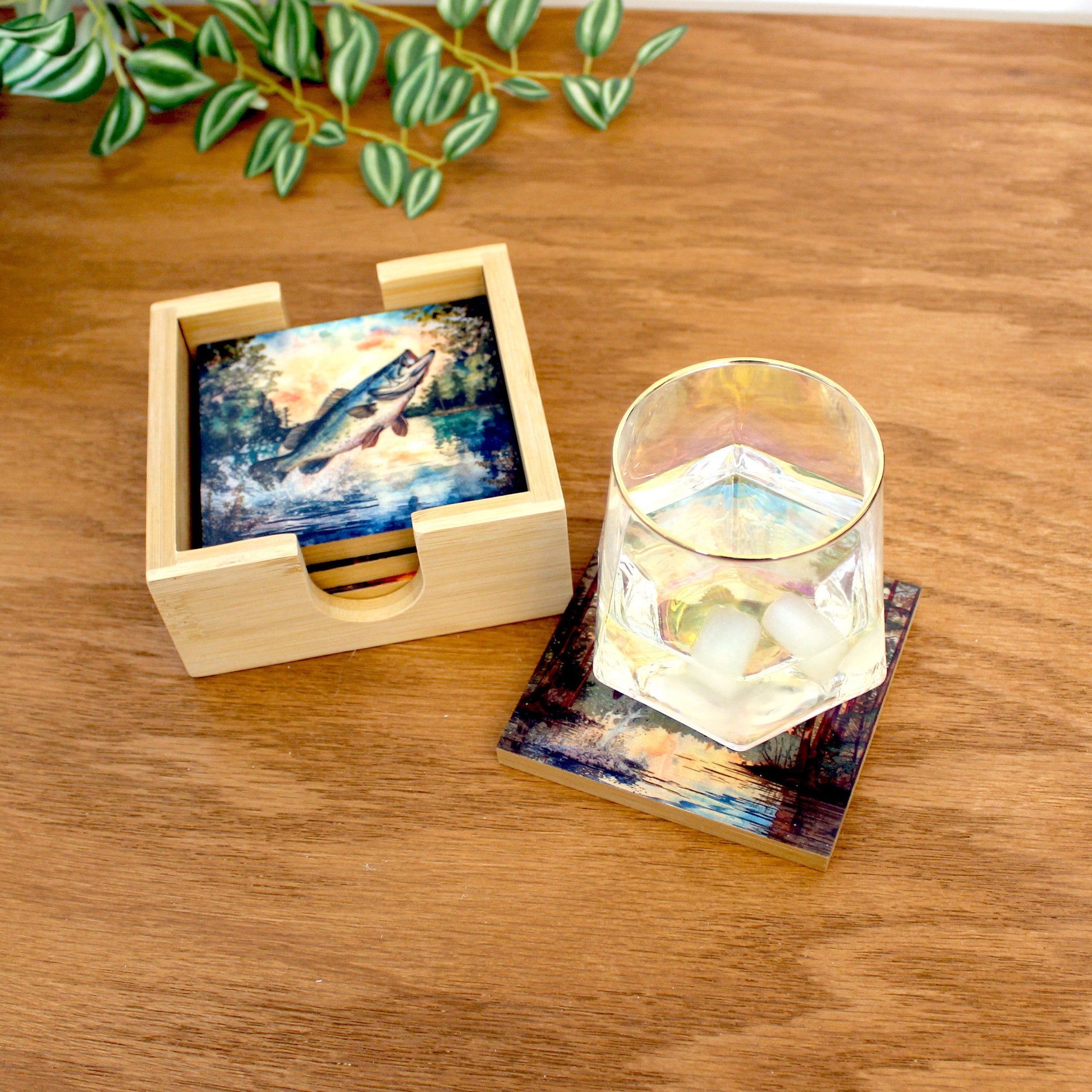 Personalized rustic wooden bass fishing drink coaster set of 4, modern farmhouse, fishing lovers gift, caddy included, decorative table