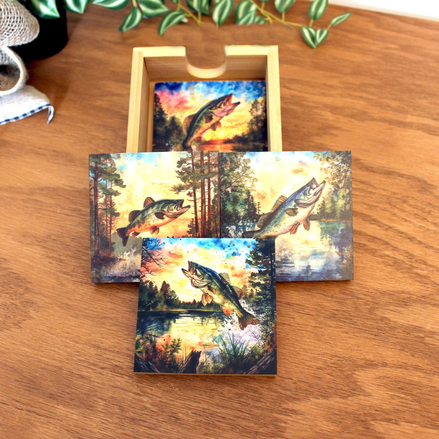 Personalized rustic wooden bass fishing drink coaster set of 4, modern farmhouse, fishing lovers gift, caddy included, decorative table