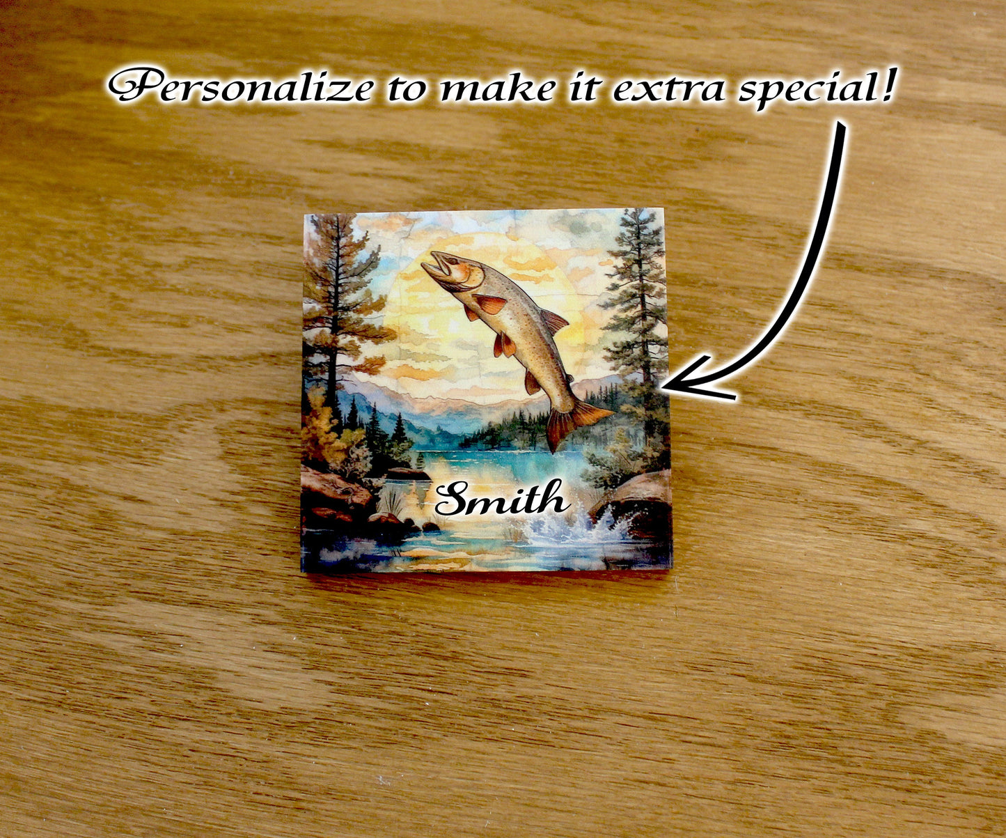 Personalized rustic wooden trout fishing drink coaster set of 4, modern farmhouse, fly fishing lovers gift, caddy included, decorative table