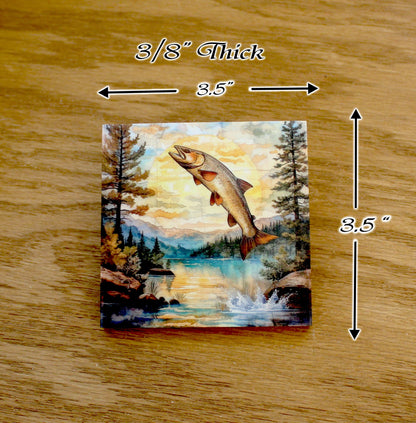 Personalized rustic wooden trout fishing drink coaster set of 4, modern farmhouse, fly fishing lovers gift, caddy included, decorative table