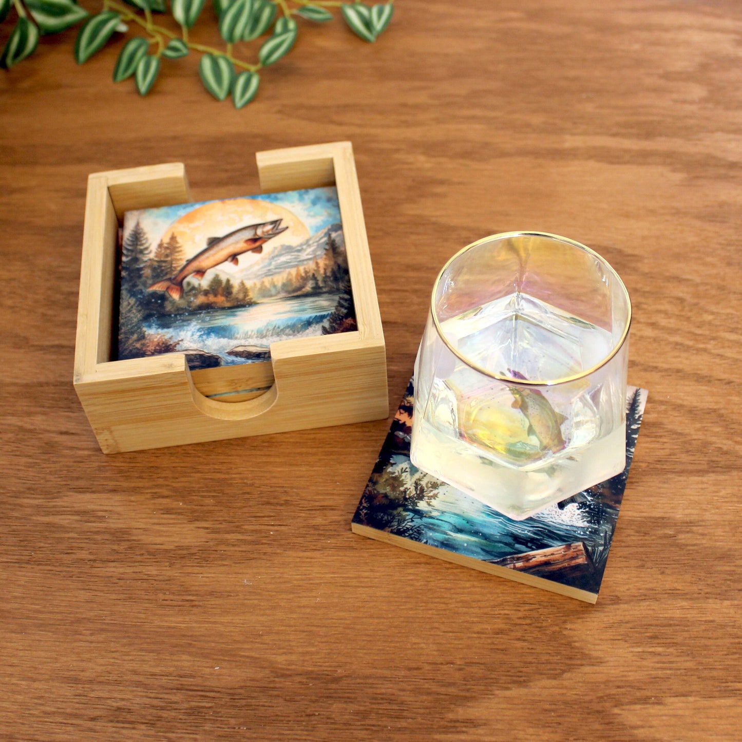 Personalized rustic wooden trout fishing drink coaster set of 4, modern farmhouse, fly fishing lovers gift, caddy included, decorative table