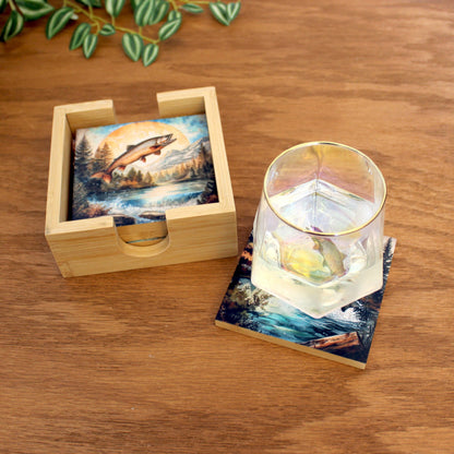 Personalized rustic wooden trout fishing drink coaster set of 4, modern farmhouse, fly fishing lovers gift, caddy included, decorative table