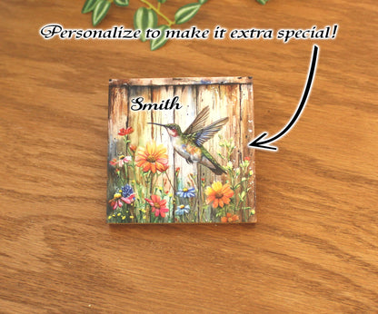 Personalized rustic wood coaster set of 4 with caddy, modern farmhouse table coasters, hummingbird lover gift, pallet style art, bamboo wood