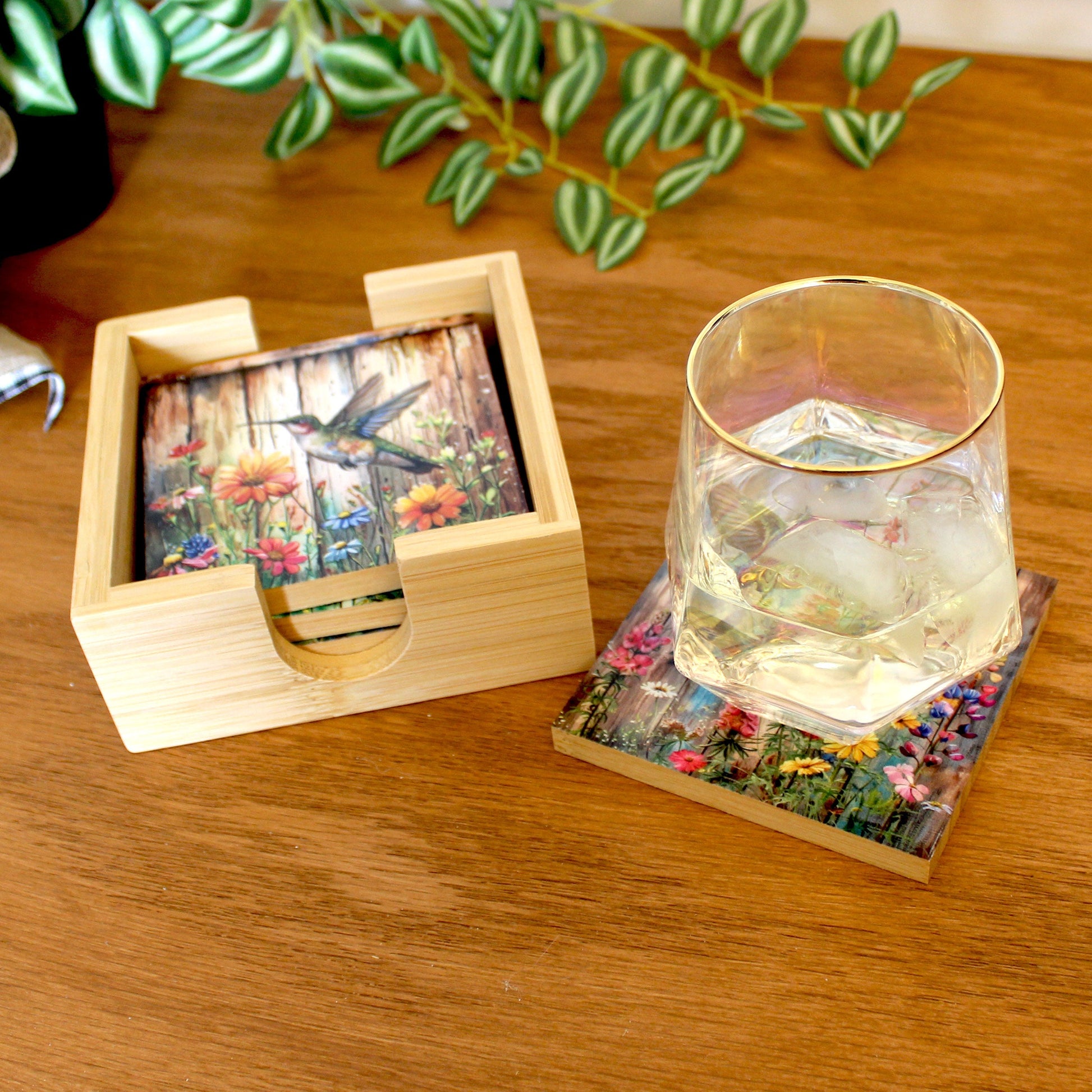 Personalized rustic wood coaster set of 4 with caddy, modern farmhouse table coasters, hummingbird lover gift, pallet style art, bamboo wood