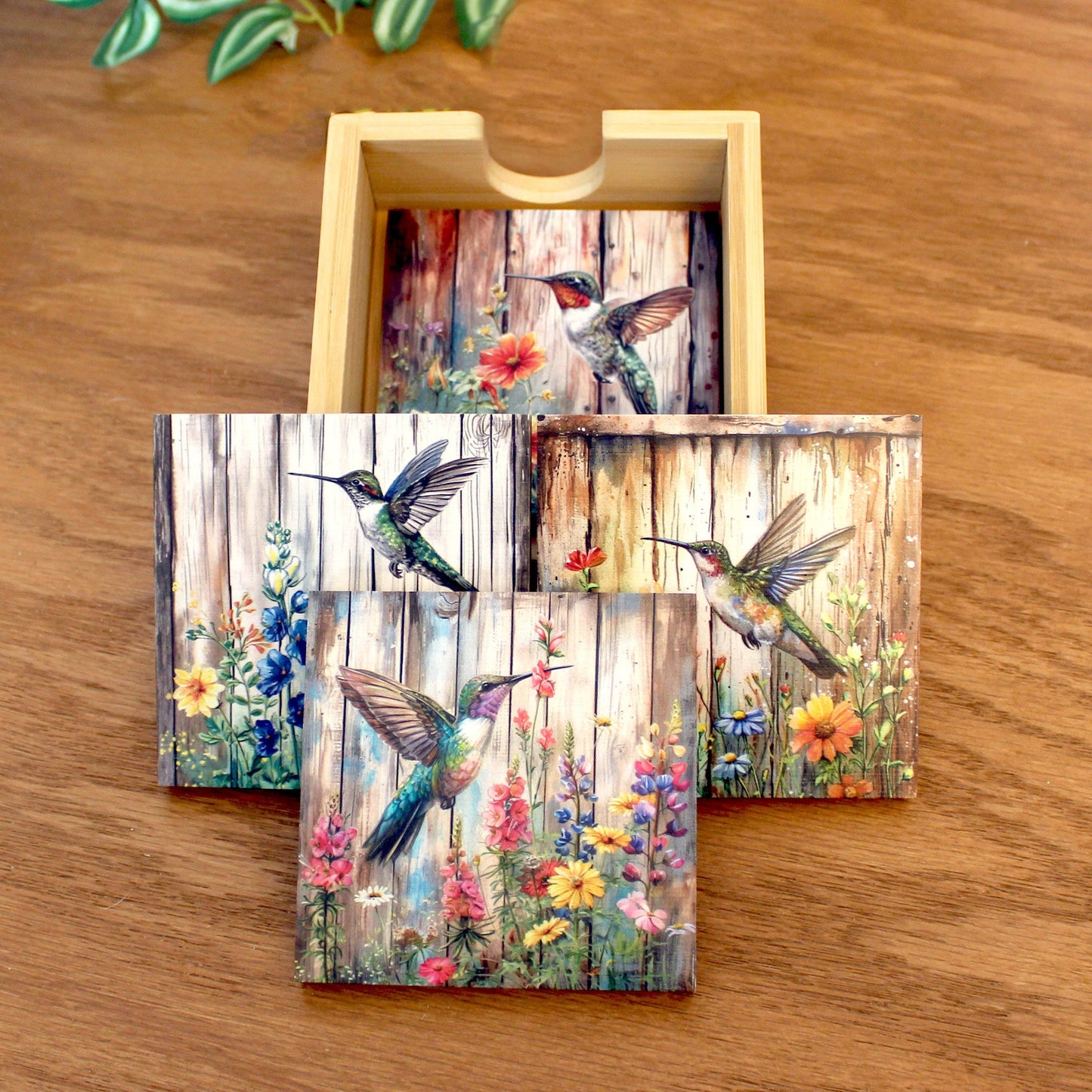 Personalized rustic wood coaster set of 4 with caddy, modern farmhouse table coasters, hummingbird lover gift, pallet style art, bamboo wood