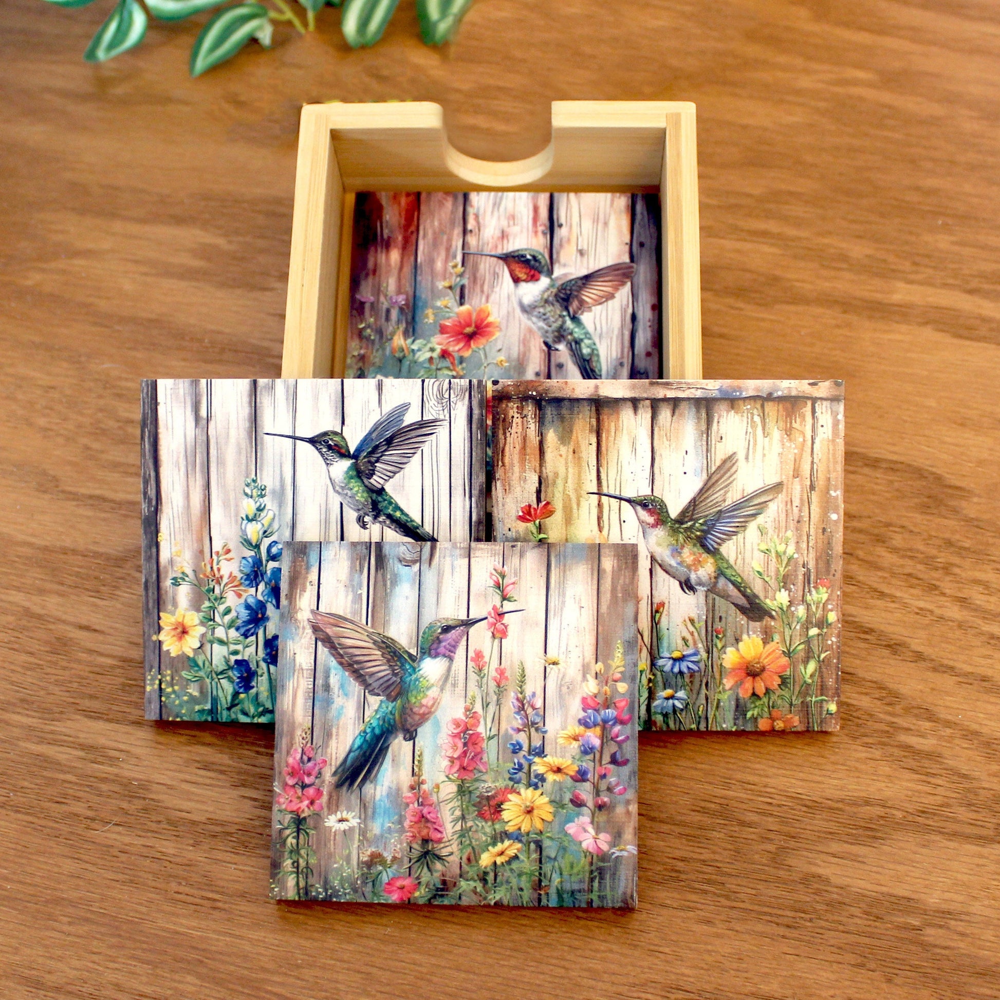 Personalized rustic wood coaster set of 4 with caddy, modern farmhouse table coasters, hummingbird lover gift, pallet style art, bamboo wood