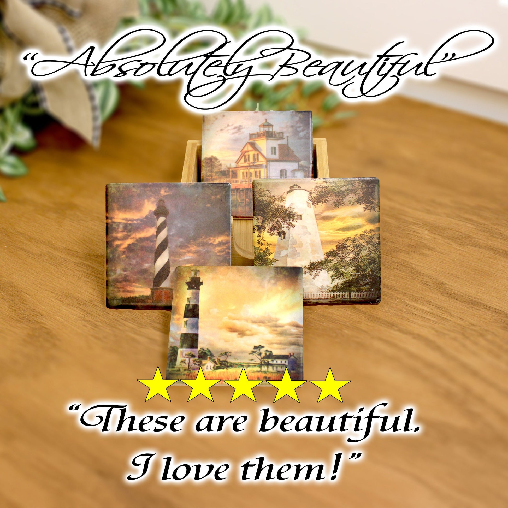 Set of 4 North Carolina Lighthouse Coasters with a caddy. Bamboo Coasters Decorated with Art Prints in UV Ink, Beach Decor, Nautical Decor