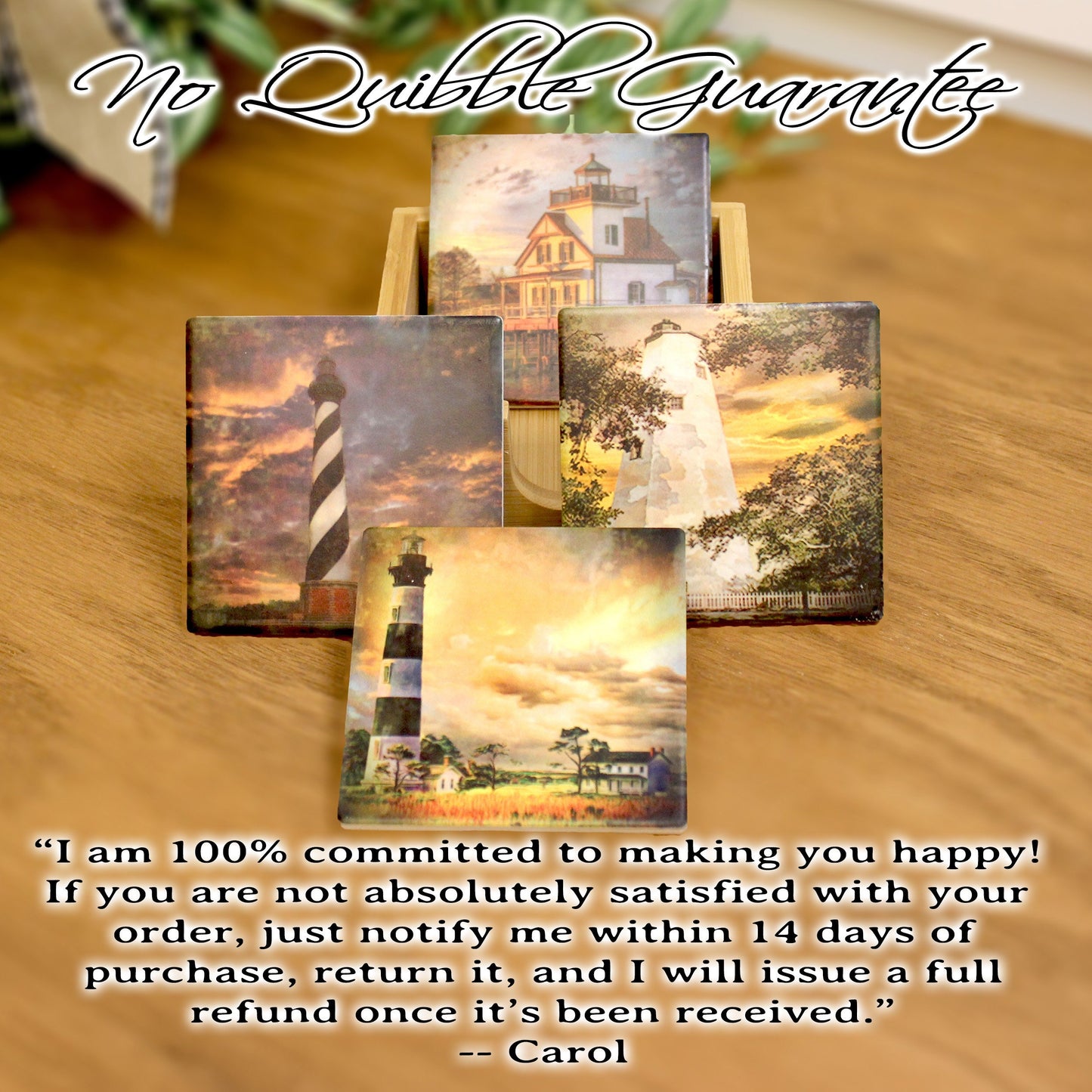 Set of 4 North Carolina Lighthouse Coasters with a caddy. Bamboo Coasters Decorated with Art Prints in UV Ink, Beach Decor, Nautical Decor