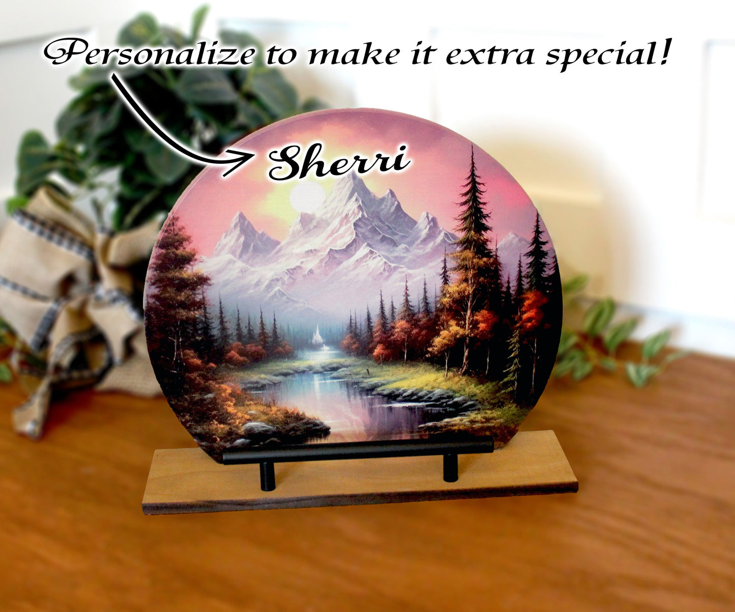 Personalized wooden cookbook stand, tablet & Ipad holder, Rustic Mountain Sunrise, Family Recipe Holder, UV Printed Bamboo Stan or Easel