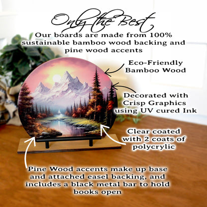 Personalized wooden cookbook stand, tablet & Ipad holder, Rustic Mountain Sunrise, Family Recipe Holder, UV Printed Bamboo Stan or Easel