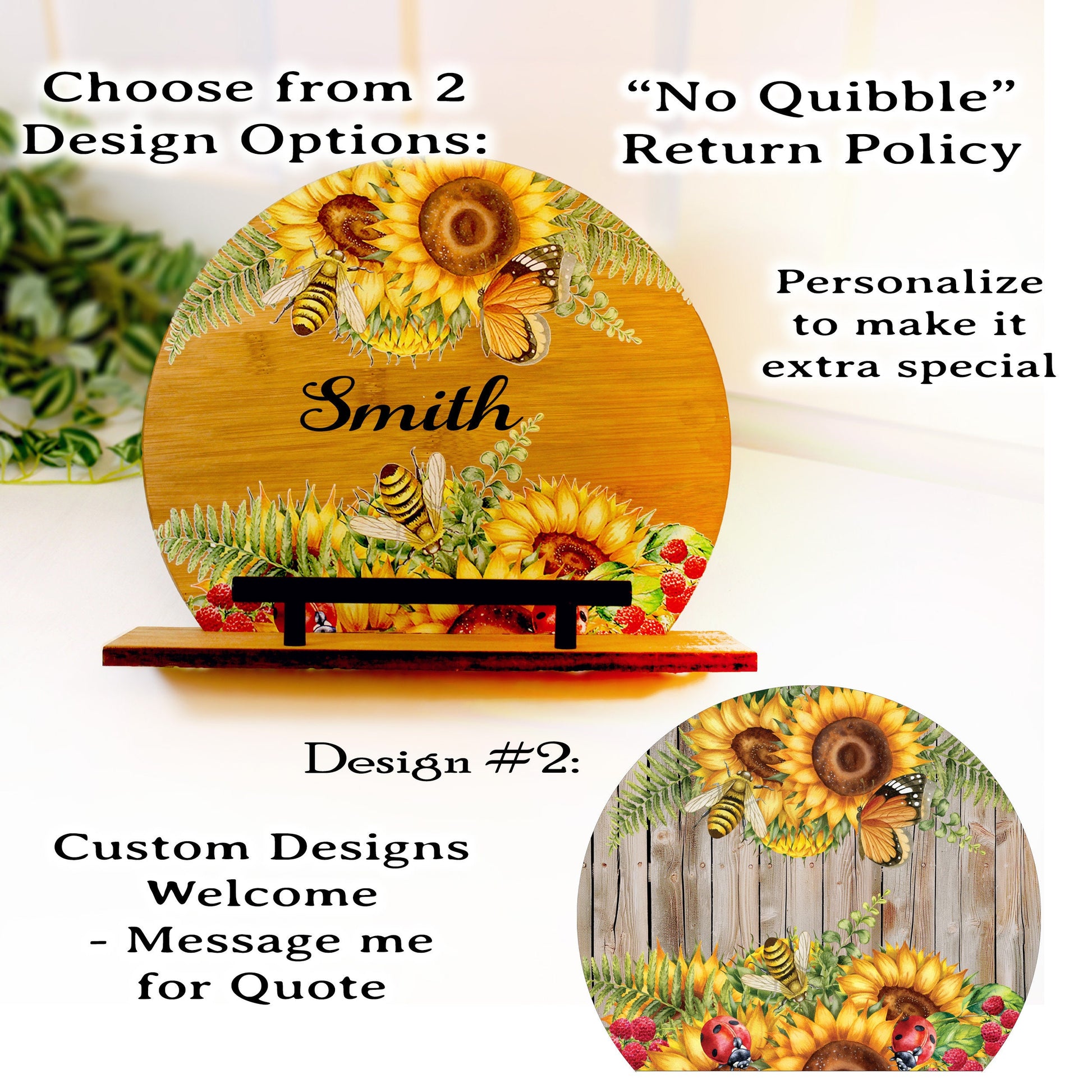 Sunflowers and Bumble Bees Cookbook Stand for the Kitchen from Environmentally Sustainable Bamboo with Pine Wood Accents to create an Easel