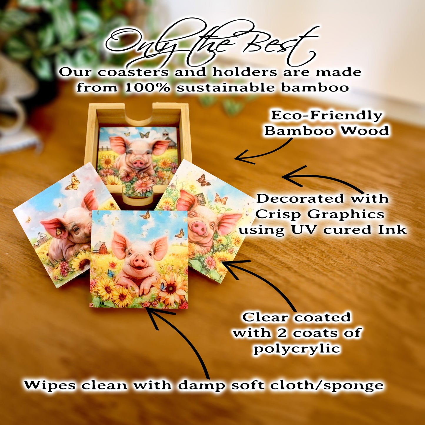 Personalized Coaster Set of 4, Cute Pig Lover Gift, Decorative Rustic Bamboo Table Protector, Charming Modern Farmhouse Decor,