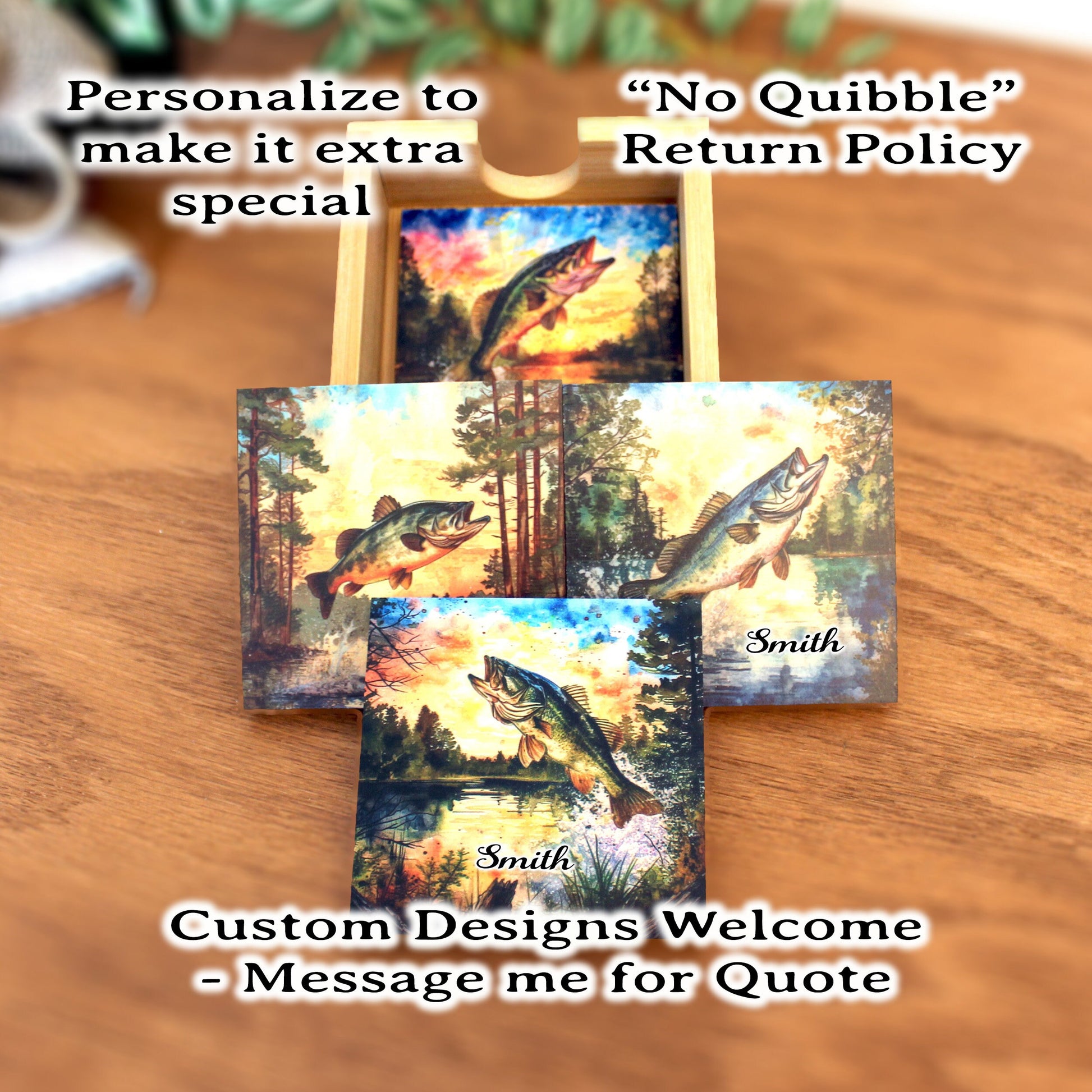 Personalized rustic wooden bass fishing drink coaster set of 4, modern farmhouse, fishing lovers gift, caddy included, decorative table