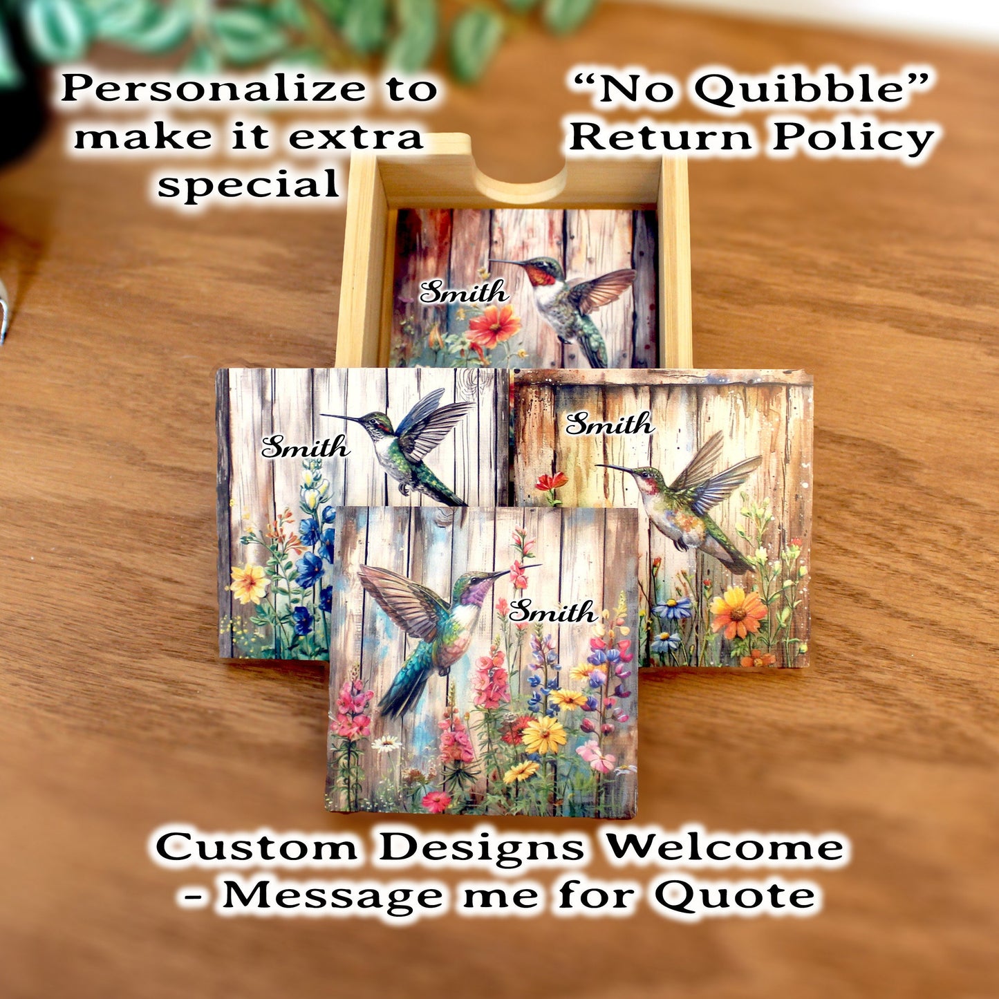 Personalized rustic wood coaster set of 4 with caddy, modern farmhouse table coasters, hummingbird lover gift, pallet style art, bamboo wood
