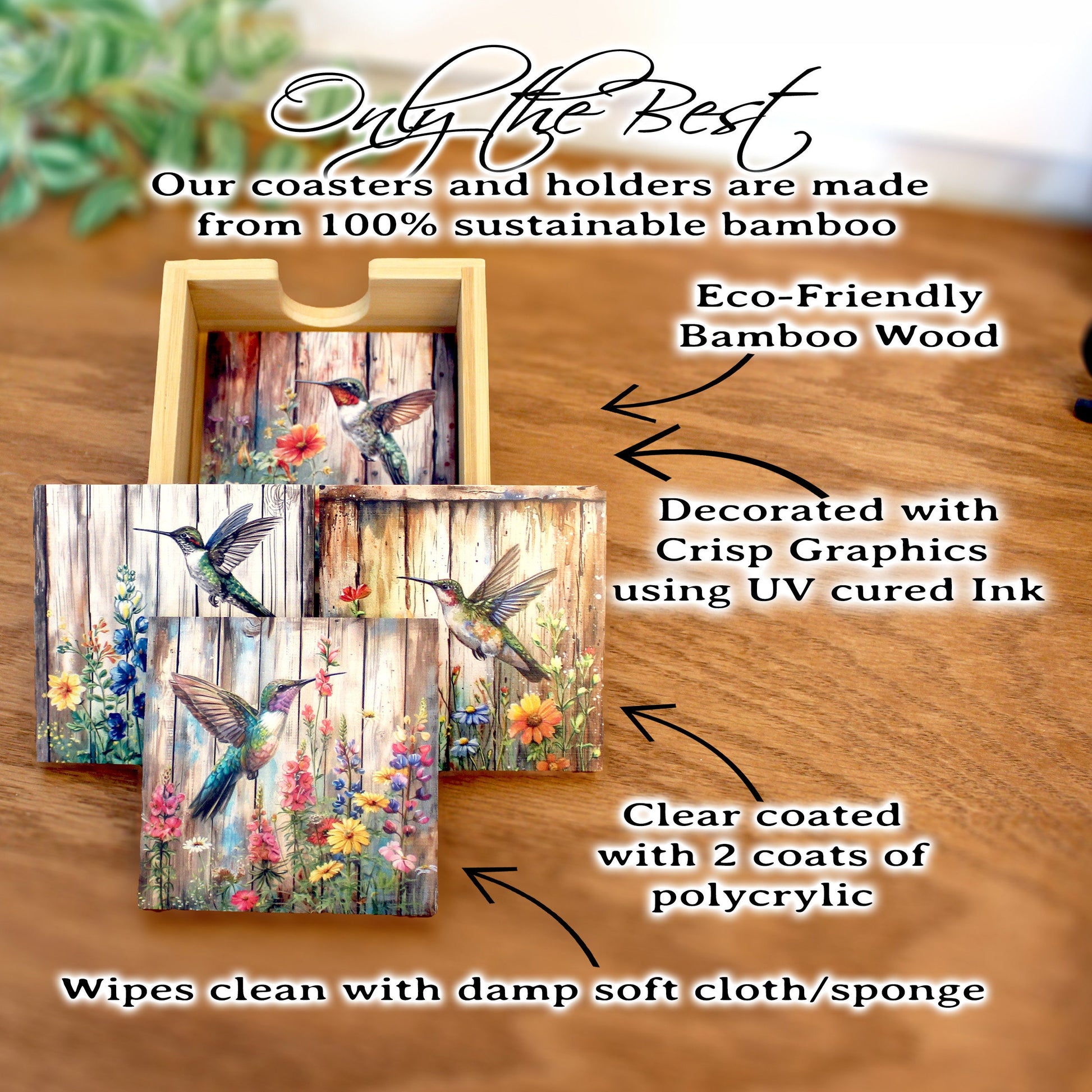 Personalized rustic wood coaster set of 4 with caddy, modern farmhouse table coasters, hummingbird lover gift, pallet style art, bamboo wood