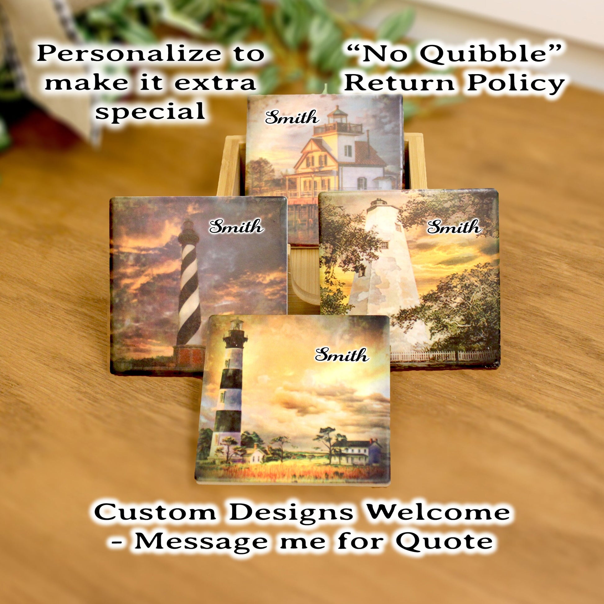 Set of 4 North Carolina Lighthouse Coasters with a caddy. Bamboo Coasters Decorated with Art Prints in UV Ink, Beach Decor, Nautical Decor