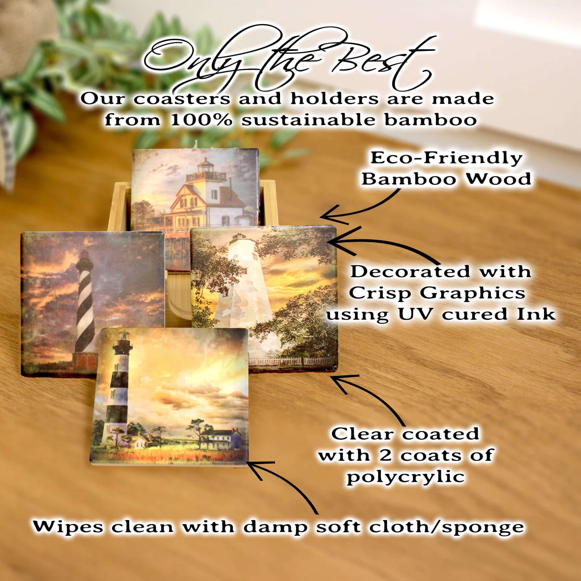 Set of 4 North Carolina Lighthouse Coasters with a caddy. Bamboo Coasters Decorated with Art Prints in UV Ink, Beach Decor, Nautical Decor