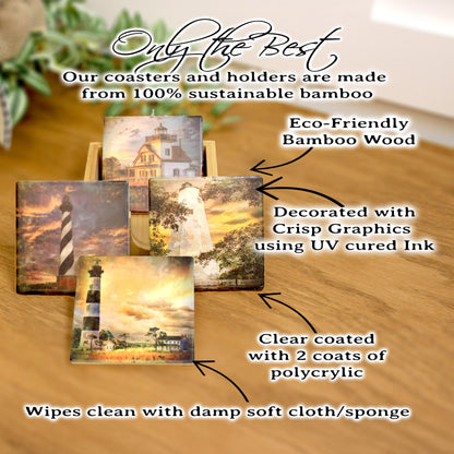 Set of 4 North Carolina Lighthouse Coasters with a caddy. Bamboo Coasters Decorated with Art Prints in UV Ink, Beach Decor, Nautical Decor