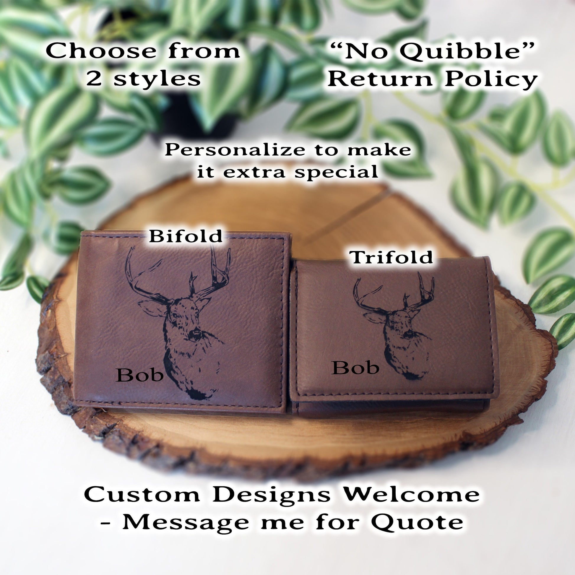 Men's Leather Bifold/Trifold Hunting Wallet - Bifold with flip ID Display. Perfect Hunter's gift. Deer Profile Engraved. Deer Head Wallet