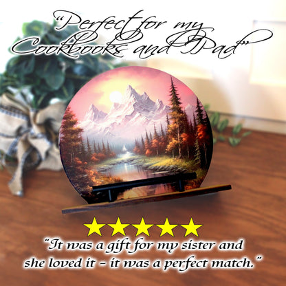 Personalized wooden cookbook stand, tablet & Ipad holder, Rustic Mountain Sunrise, Family Recipe Holder, UV Printed Bamboo Stan or Easel