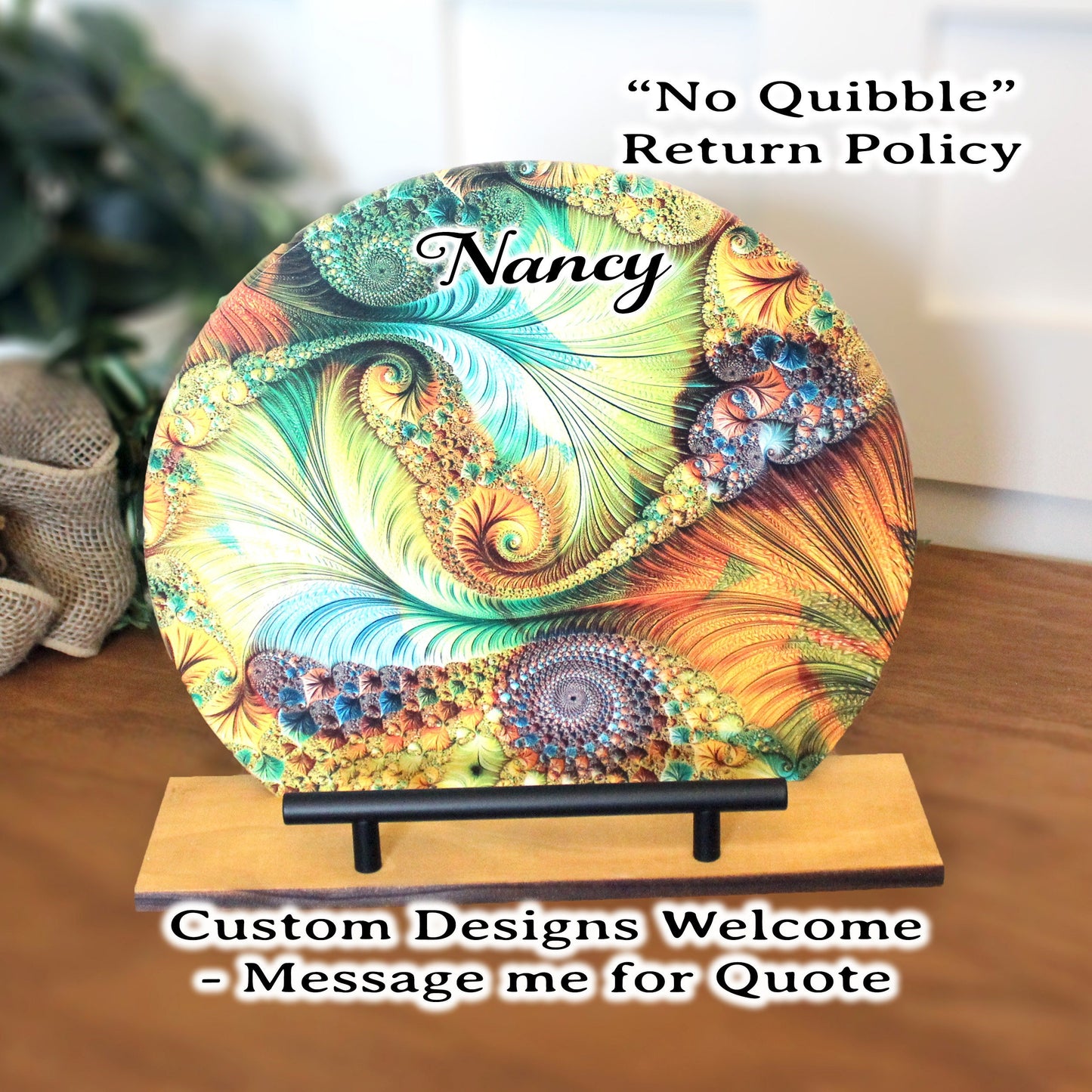 Personalized wooden cookbook stand, tablet & Ipad holder, Multi-Color Factal Design, Family Recipe Holder, UV Printed Bamboo Stand, Easel