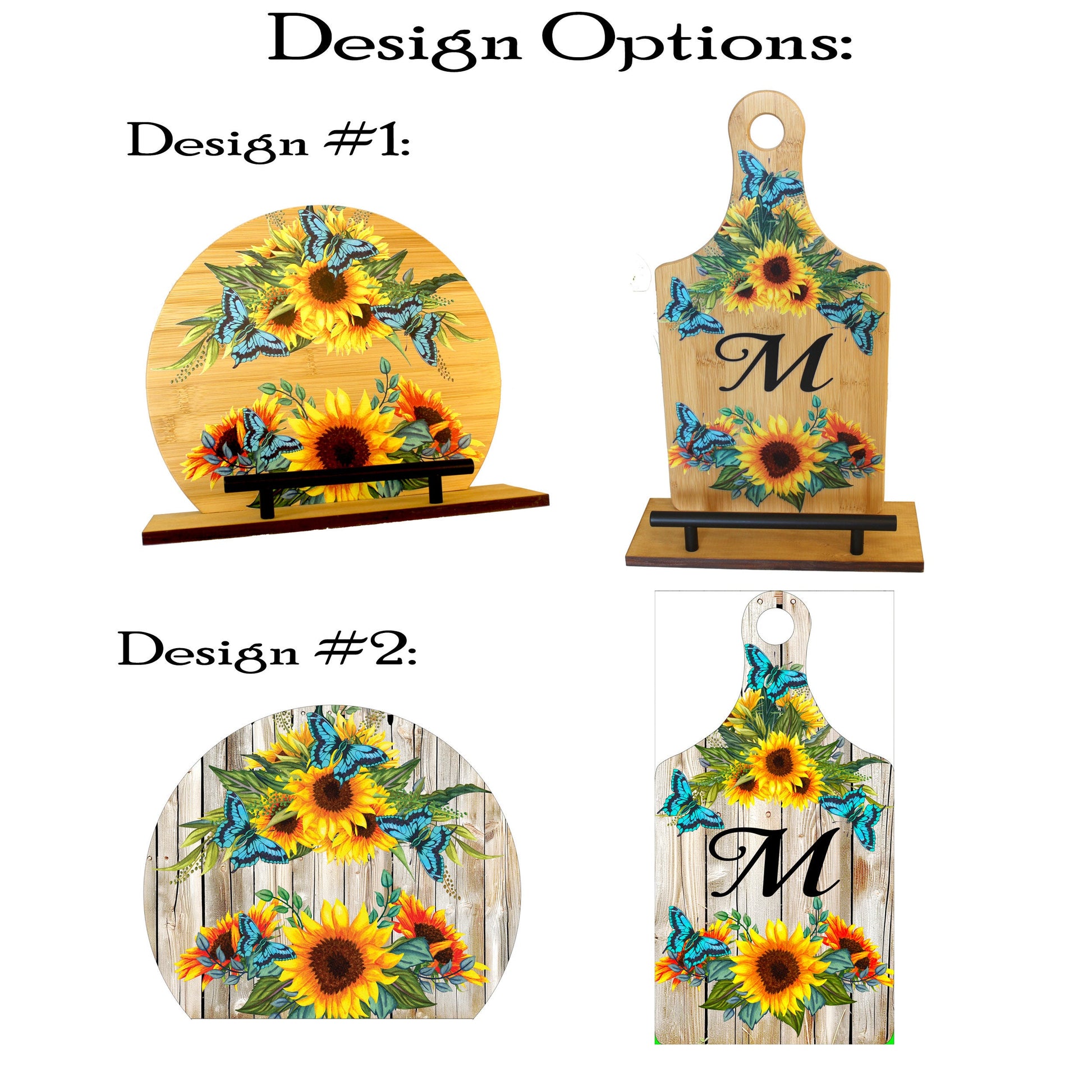 Kitchen Cookbook Stand from Sustainable Bamboo with Pine Wood Accents decorated with Beautiful Sunflowers and Blue Butterflies - Monogram