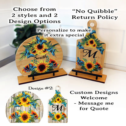 Kitchen Cookbook Stand from Sustainable Bamboo with Pine Wood Accents decorated with Beautiful Sunflowers and Blue Butterflies - Monogram