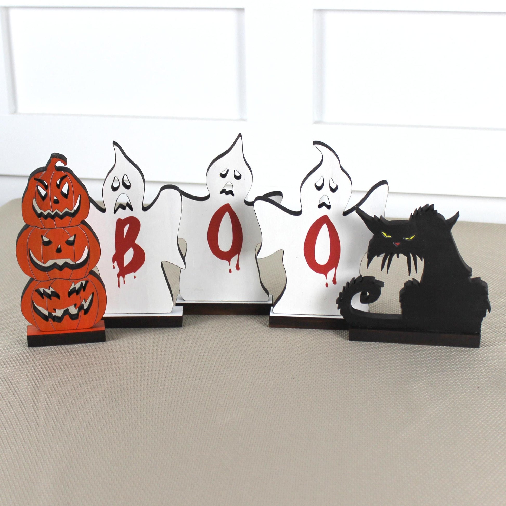 Handcrafted Rustic Wooden Pumpkins Ghosts and Black Cat, Decorative Halloween Fireplace Mantle Gift, Tabletop and Shelf Decoration