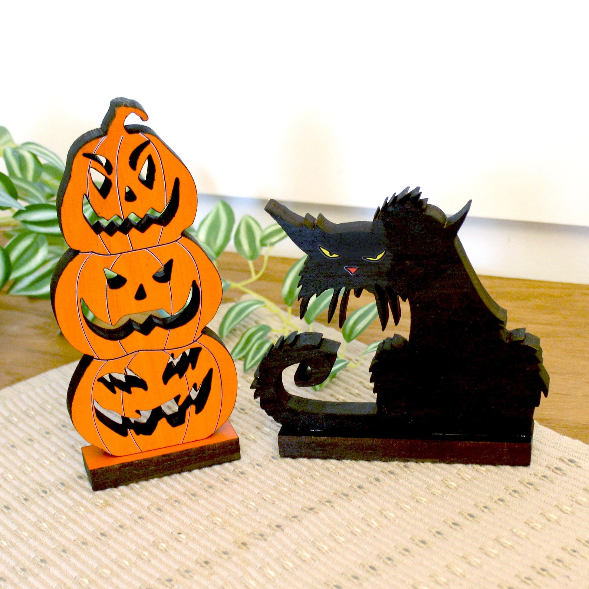 Handcrafted Rustic Wooden Pumpkins Ghosts and Black Cat, Decorative Halloween Fireplace Mantle Gift, Tabletop and Shelf Decoration