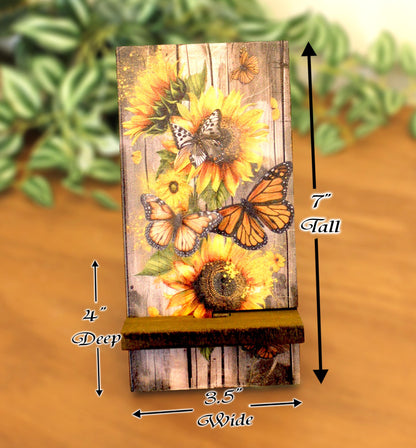 Personalized Sunflower and Butterfly cell phone stand, Rustic Wooden Phone Holder, Cute Decorative Custom Gift, Charging Cable Access