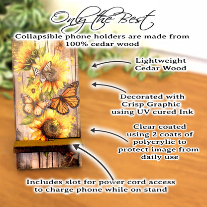 Personalized Sunflower and Butterfly cell phone stand, Rustic Wooden Phone Holder, Cute Decorative Custom Gift, Charging Cable Access