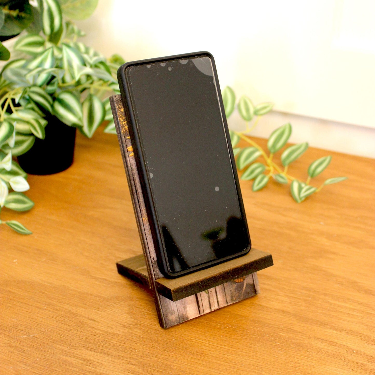 Personalized Sunflower and Butterfly cell phone stand, Rustic Wooden Phone Holder, Cute Decorative Custom Gift, Charging Cable Access