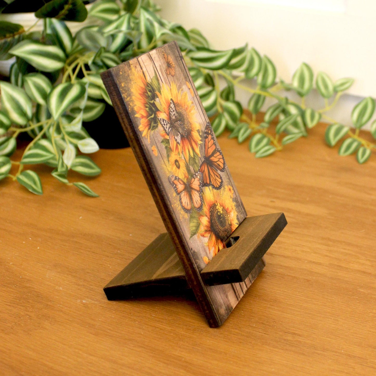 Personalized Sunflower and Butterfly cell phone stand, Rustic Wooden Phone Holder, Cute Decorative Custom Gift, Charging Cable Access