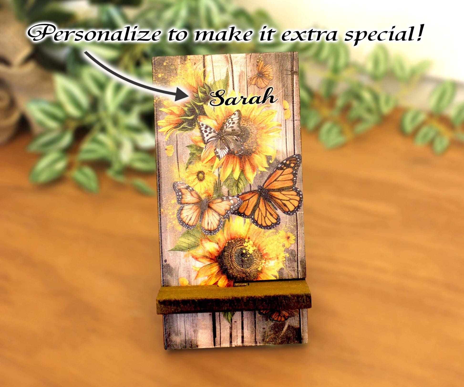 Personalized Sunflower and Butterfly cell phone stand, Rustic Wooden Phone Holder, Cute Decorative Custom Gift, Charging Cable Access
